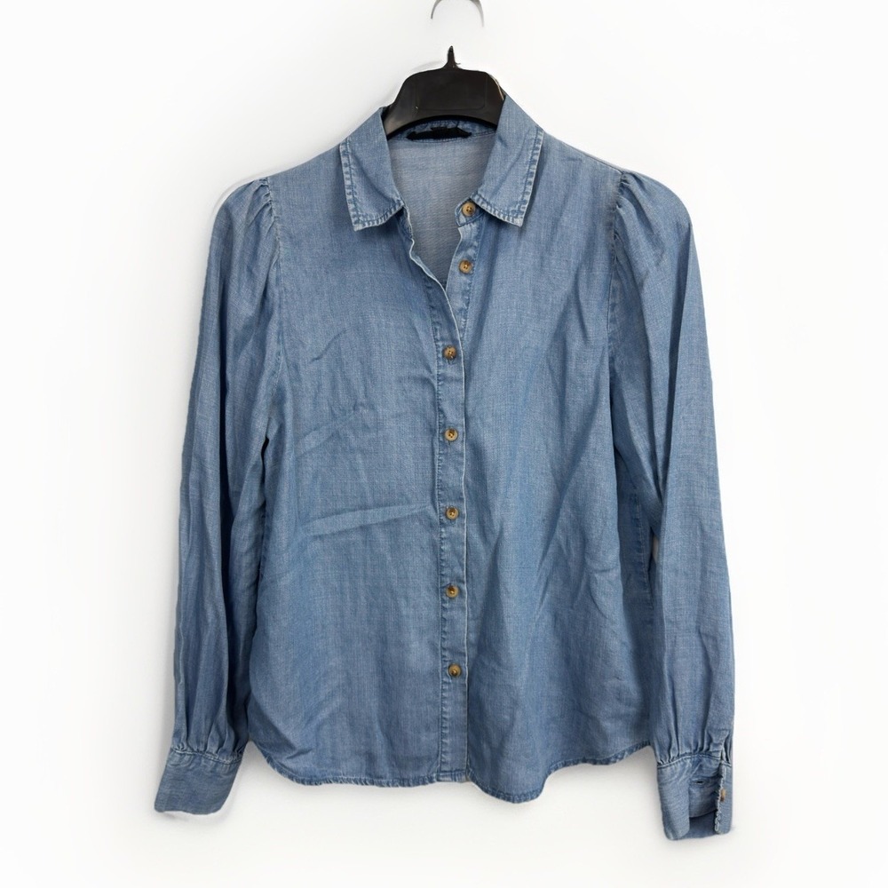 Jane Delancey Chambray Button Up Shirt Women's XS Long Bishop Sleeve Blue‎ Jean